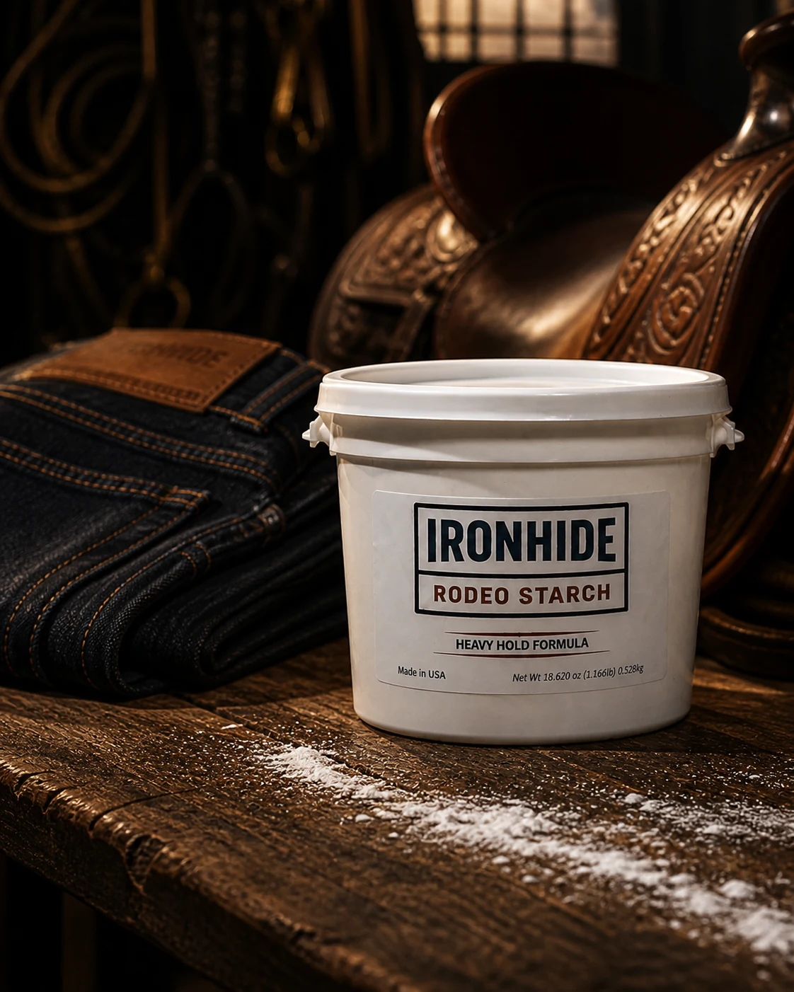 IronHide Rodeo Starch beside folded indigo denim