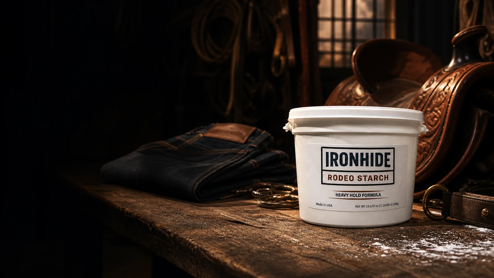 IronHide Rodeo Starch in a western tack room